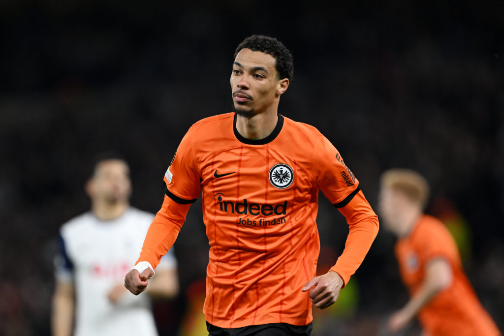 Hugo Ekitike celebrates after scoring for Eintracht Frankfurt against Tottenham Hotspur in the UEFA Europa League.