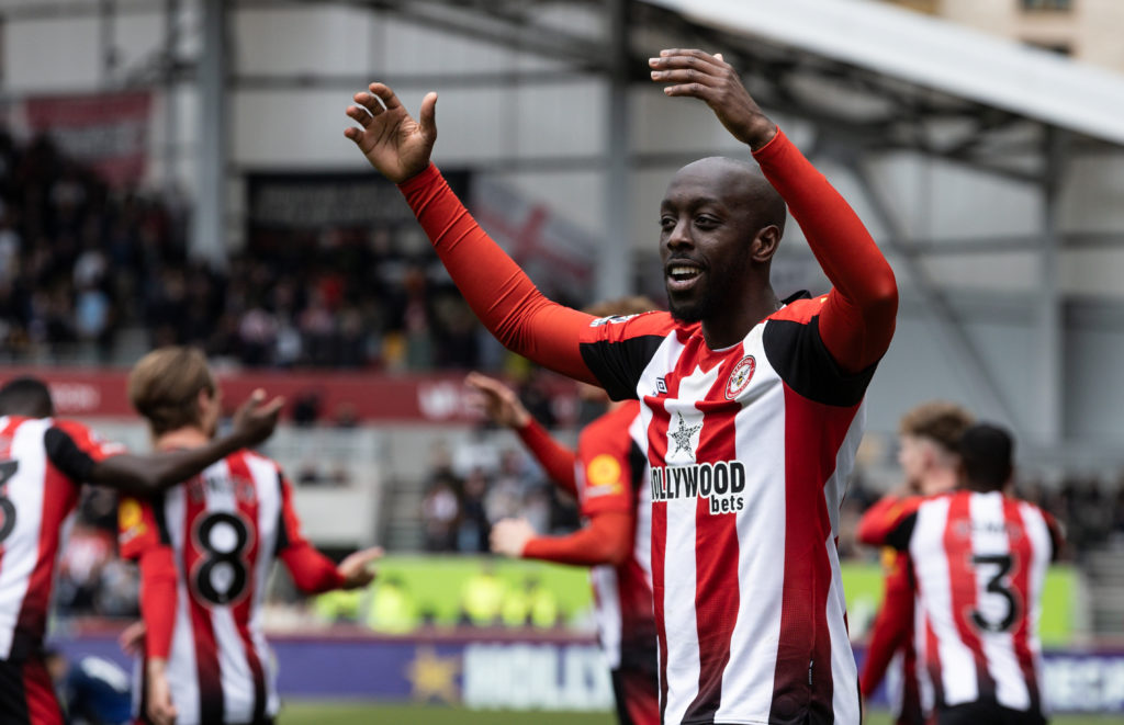Brentford's Yoane Wissa celebrates scoring his side's fourth goal during the Premier League match between Brentford FC and Manchester United FC at Gtech Community Stadium
