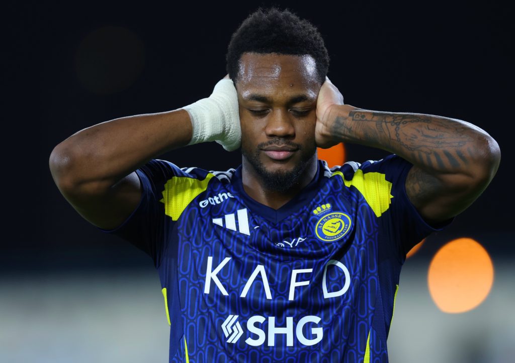 Jhon Durán of Al Nassr celebrating after scoring the second of his team during the Saudi Pro League match between Al Okhdood v Al Nassr at Prince Hathloul bin Abdulaz Sports City