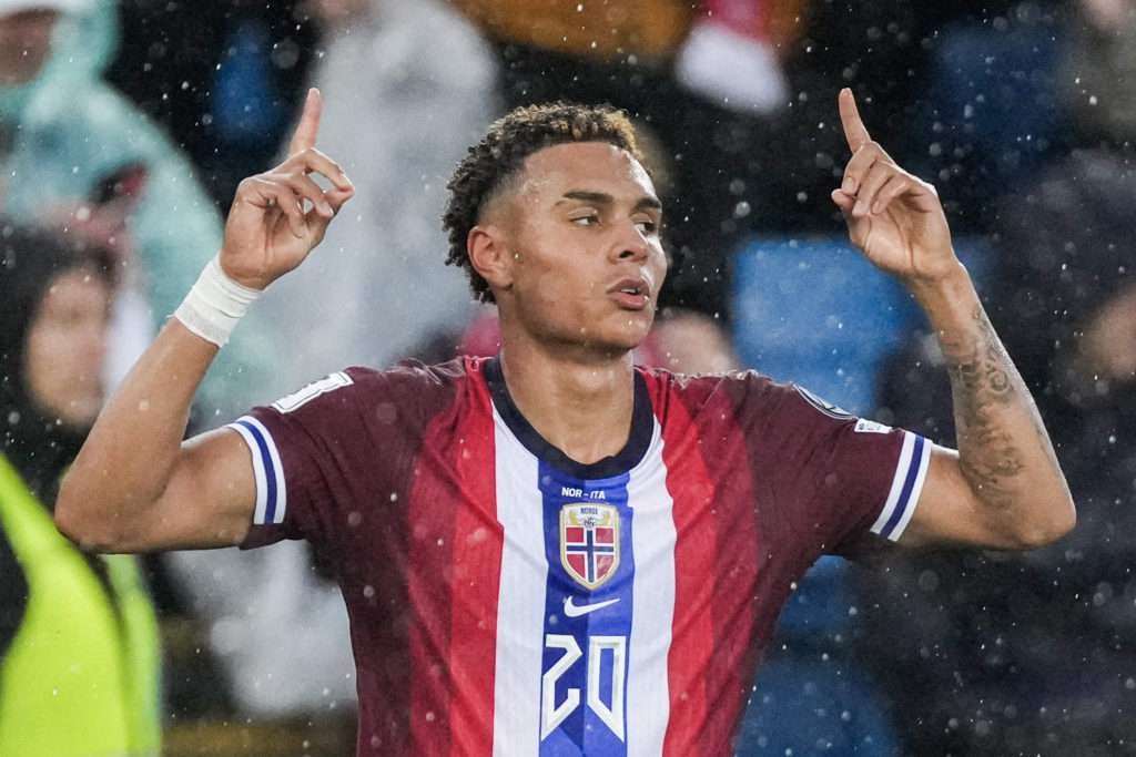 Antonio Nusa celebrates scoring for Norway in the FIFA World Cup qualifier against Italy in Oslo