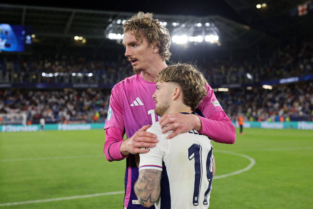 Nick Woltemade of Germany congratulates Harvey Elliott of England after England defeat Germany 3-2 in the UEFA European Under-21 Championship 2025 Final match between England and Germany at National Football stadium