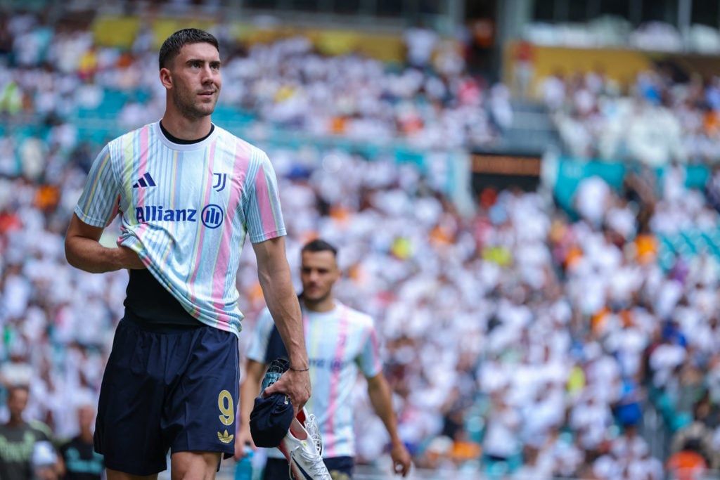 Juventus striker Dusan Vlahovic warms up ahead of the FIFA Club World Cup match against Real Madrid in Miami, Florida.