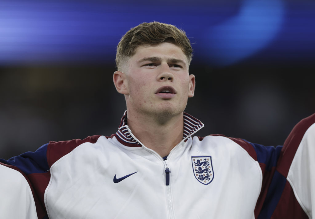 Charlie Cresswell of England looks on as he lines up on the pitch for the national anthem prior to the UEFA European Under-21 Championship 2025 Final match between England and Germany at National Football stadium