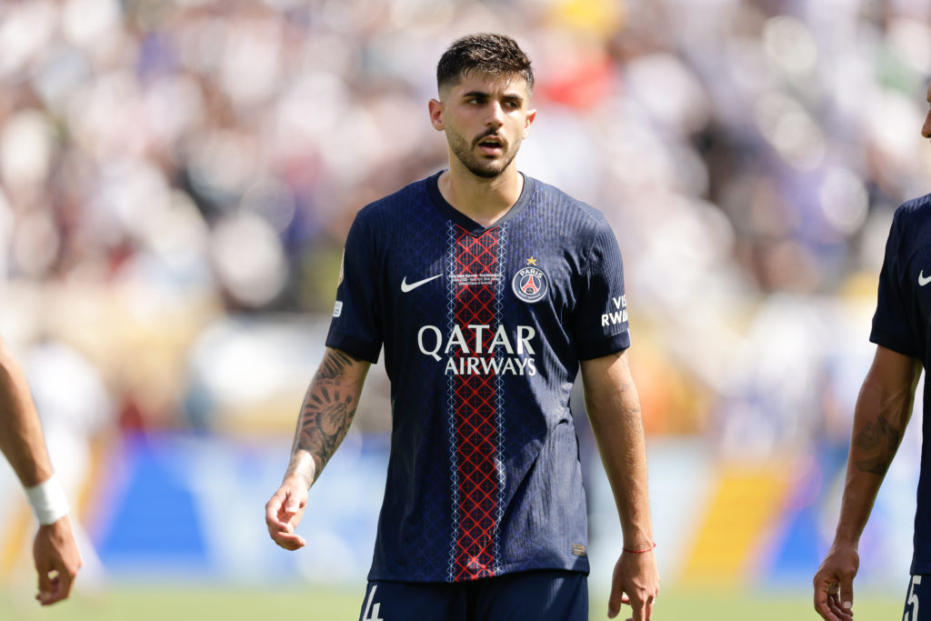 Lucas Beraldo of Paris Saint Germain in action during the FIFA Club World Cup semi-final against Real Madrid in New Jersey.