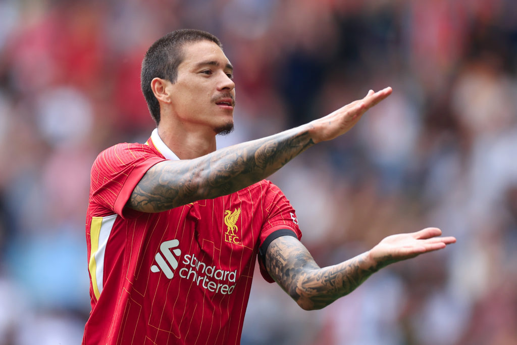 Darwin Nunez of Liverpool celebrates during the pre-season friendly match between Preston North End and Liverpool at Deepdale