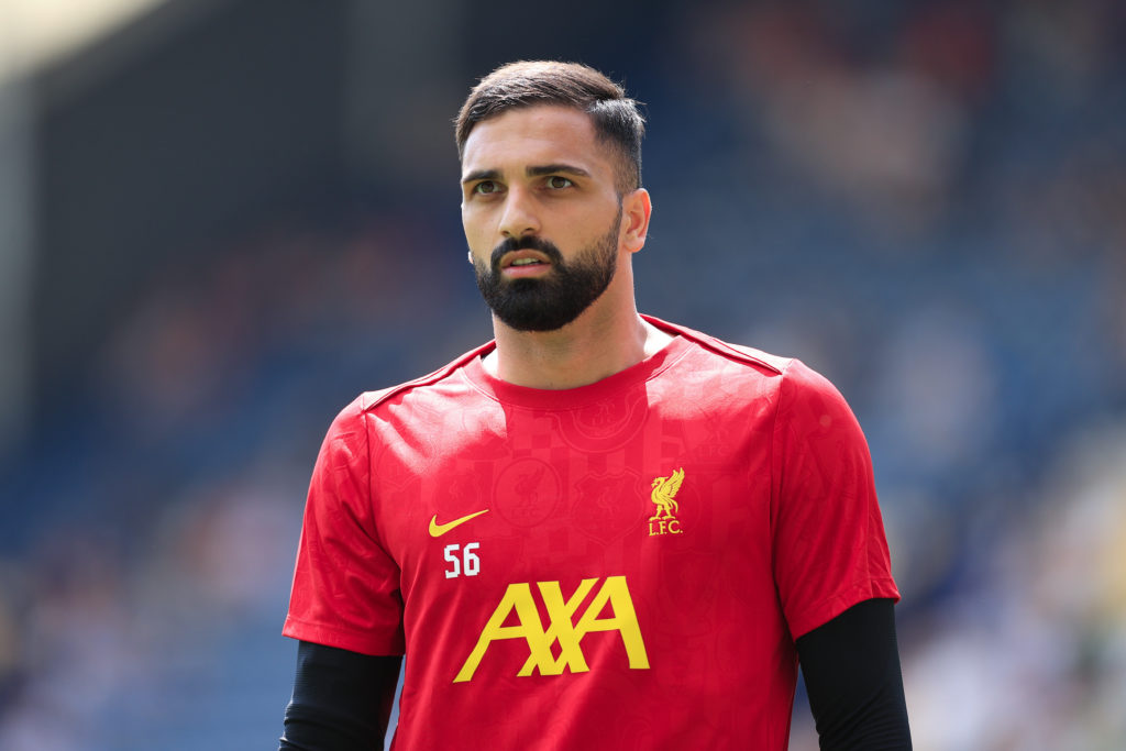 Giorgi Mamardashvili warms up ahead of Liverpool's pre-season friendly against Preston North End.