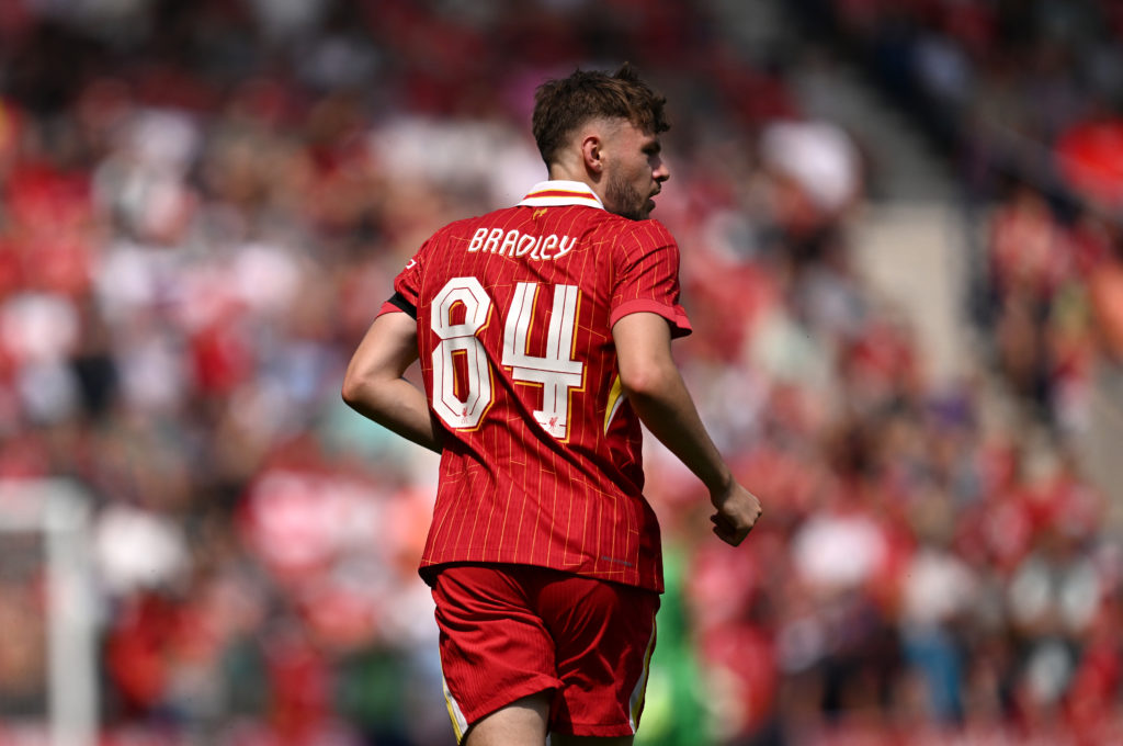 Conor Bradley of Liverpool looks on during the pre-season friendly match between Preston North End and Liverpool at Deepdale