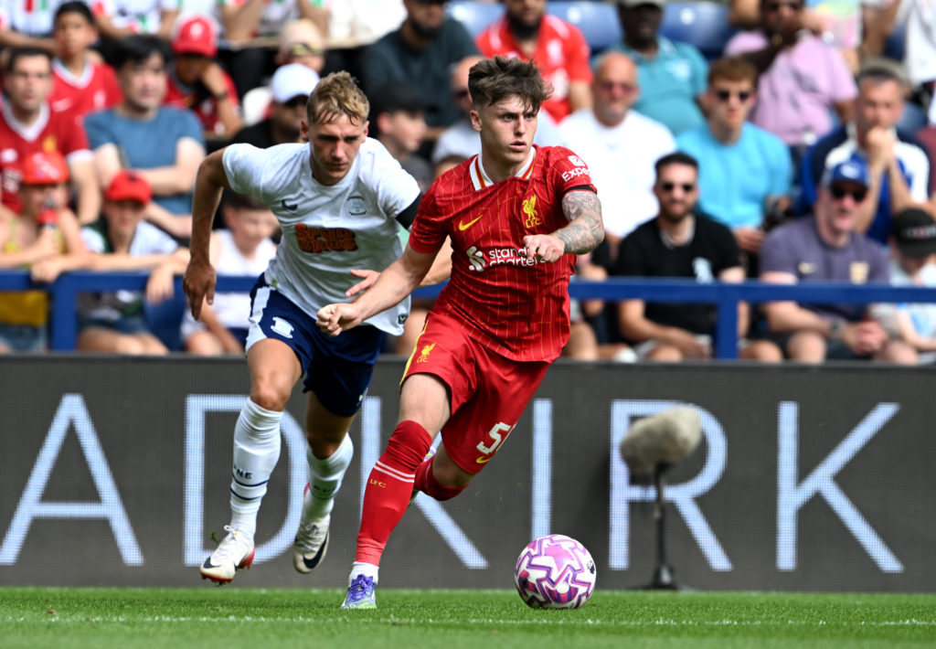 Ben Doak of Liverpool runs with the ball during the pre-season friendly match between Preston North End and Liverpool at Deepdale