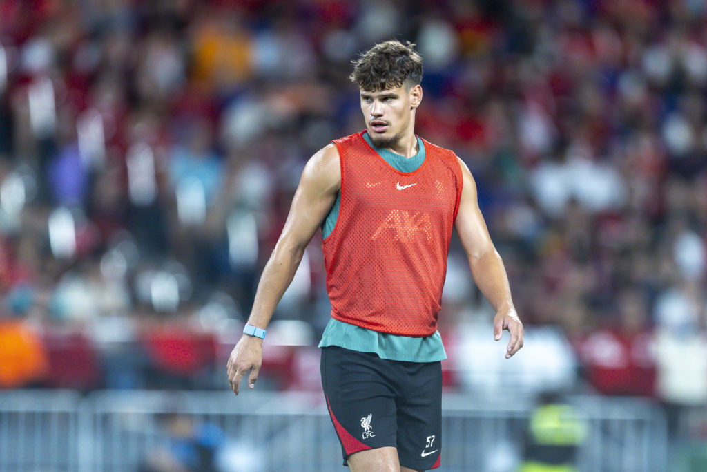 Milos Kerkez training with Liverpool at the Kai Tak Stadium in Hong Kong.