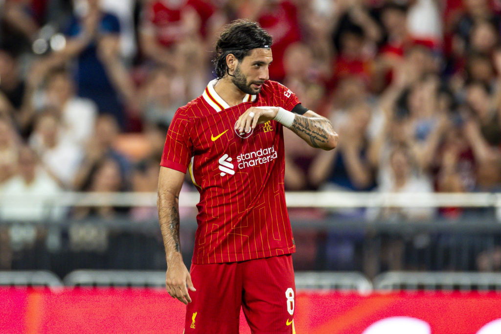 Dominik Szoboszlai celebrates after scoring against AC Milan in a pre-season friendly at the Kai Tak Stadium, Hong Kong.