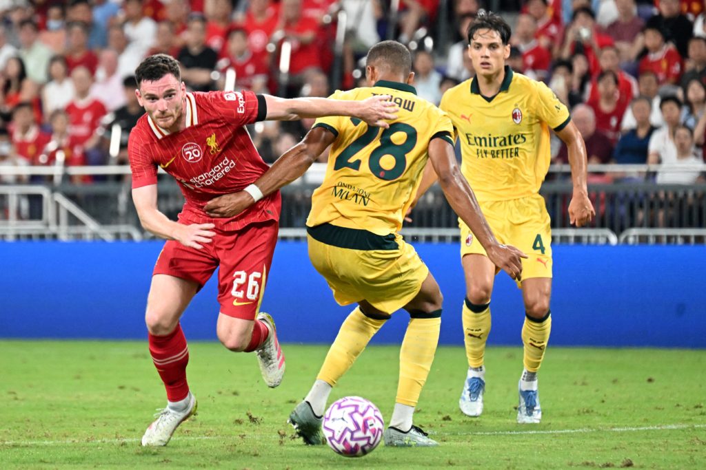 Andy Robertson runs with the ball during Liverpool's pre-season friendly against AC Milan in Hong Kong.