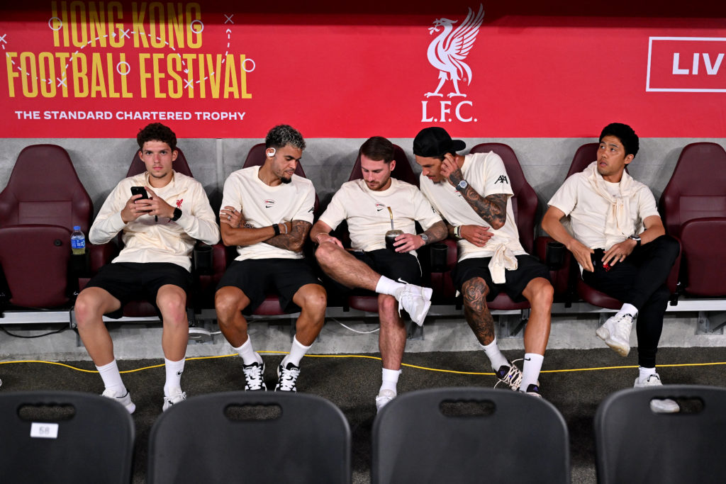 Armin Pecsi, Luis Diaz, Alexis Mac Allister, Darwin Nunez and Wataru Endo on the bench ahead of Liverpool's pre-season friendly against AC Milan.