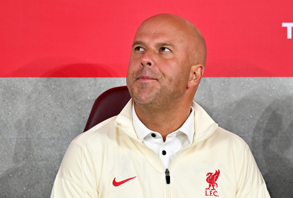 Arne Slot, Manager of Liverpool, looks on prior to the Pre-Season Friendly between Liverpool FC and AC Milan at Kai Tak Sports Park