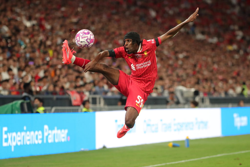 Jeremie Frimpong stretches to control the ball during Liverpool's pre-season friendly against AC Milan in Hong Kong.
