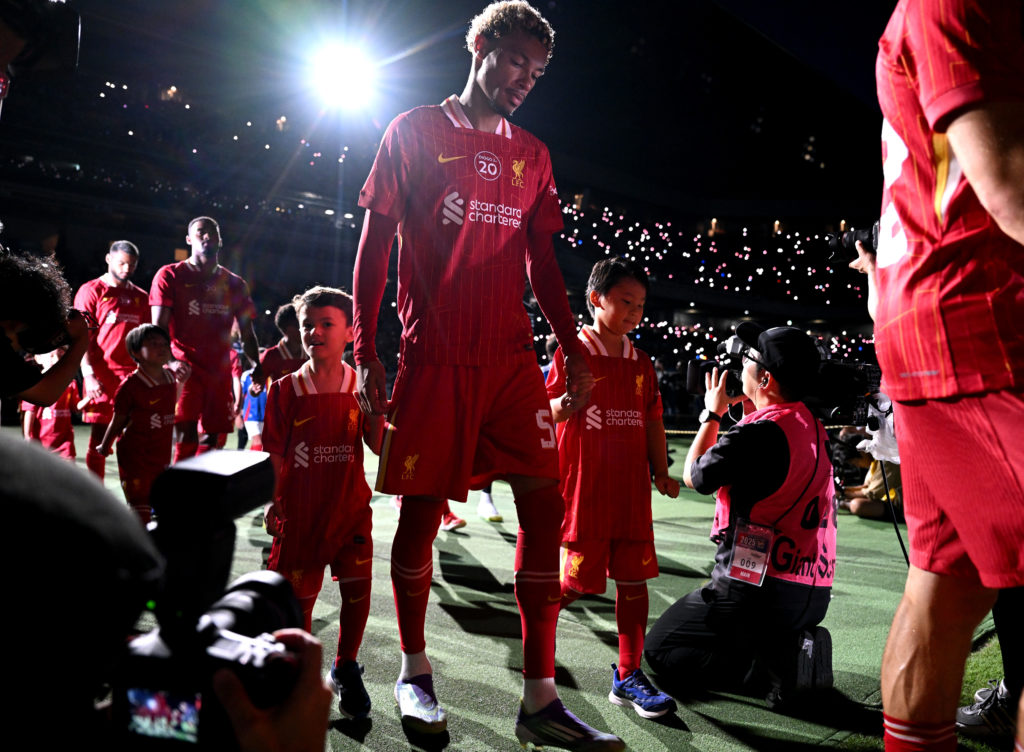 Hugo Ekitike walks out ahead of Liverpool's pre-season friendly against Yokohama F. Marinos at the Nissan Stadium