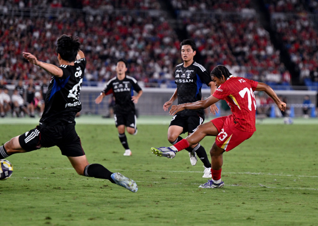 Rio Ngumoha of Liverpool scoring the third goal making the score 1-3 to Liverpool during the MEIJI YASUDA J.LEAGUE World Challenge 2025 presented by The Nippon Foundation match between Yokohama F•Marinos and Liverpool at Nissan Stadium