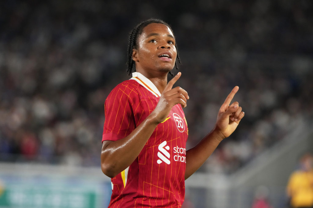 Rio Ngumoha of Liverpool celebrates scoring his side's third goal during the MEIJI YASUDA J.LEAGUE World Challenge 2025 presented by The Nippon Foundation match between Yokohama F•Marinos and Liverpool at Nissan Stadium