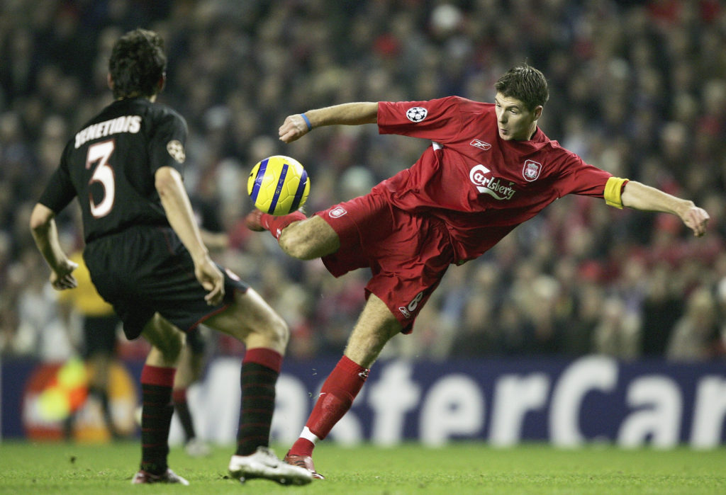 Steven Gerrard of Liverpool shoots only to see his goal dissalowed during the Champions League Group A match between Liverpool and Olympiakos at Anfield
