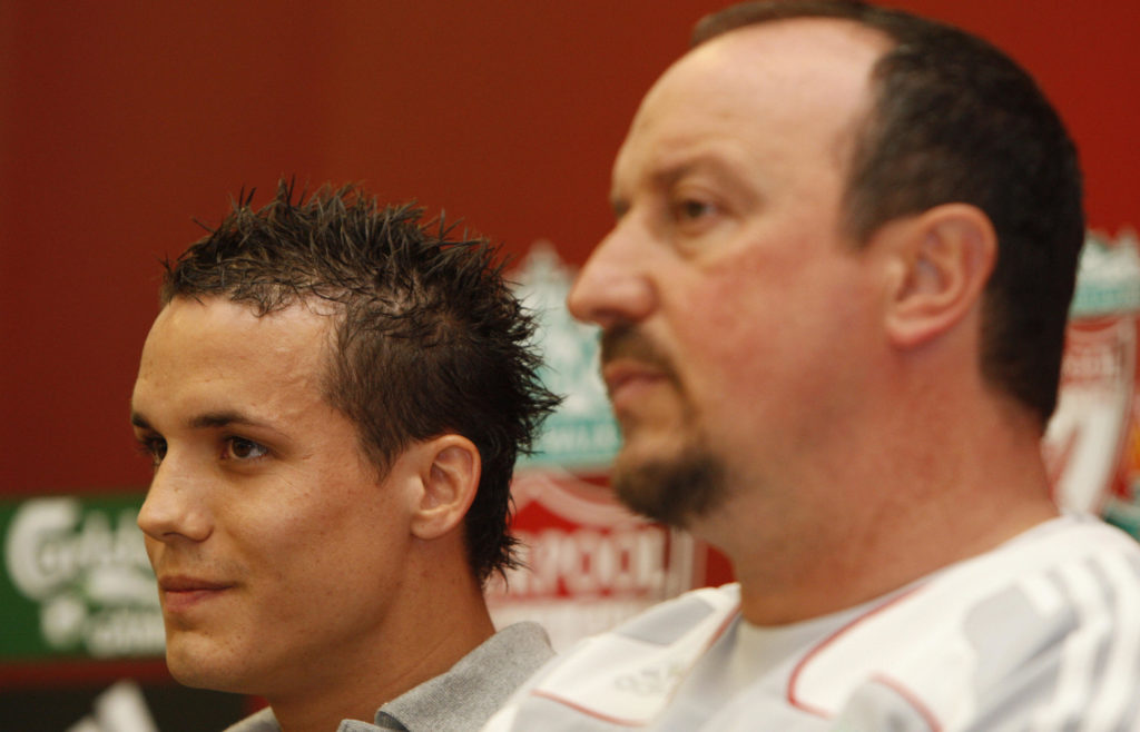 Rafa Benitez introduces new Liverpool signing Philipp Degen at a press conference