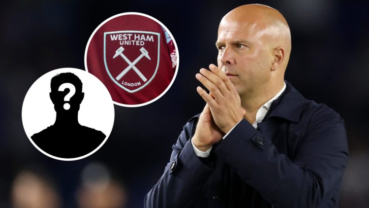 Liverpool head coach Arne Slot applauds fans at the Amex Stadium after losing against Brighton & Hove Albion in the Premier League. West Ham crest ...