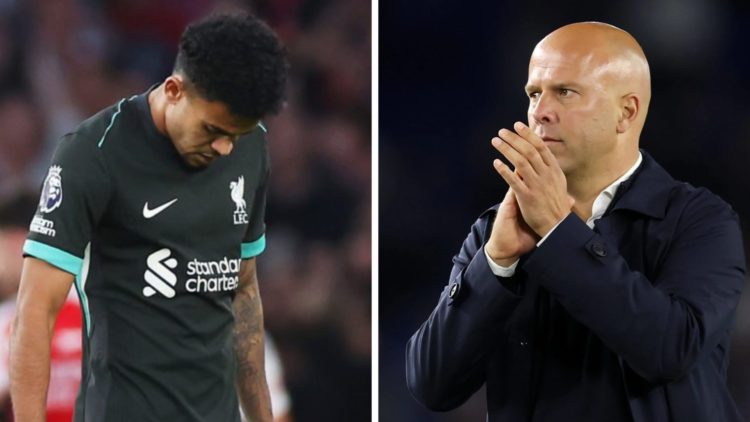 Left: Luis Diaz looking dejected after Liverpool defeat. Right: Arne Slot clapping the Liverpool fans.
