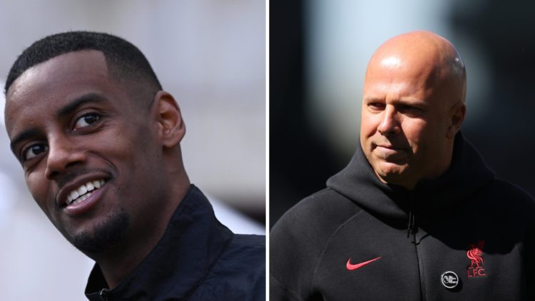 Left: Alexander Isak pictured smiling before a Newcastle game. Right: Arne Slot leading a Liverpool training session.