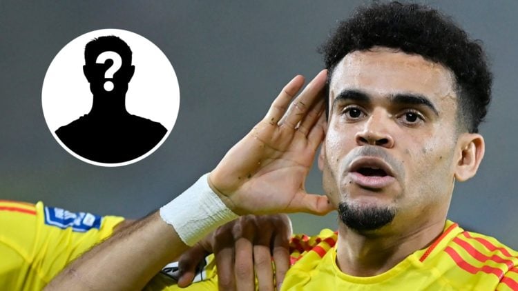 Main: Luis Diaz celebrating after scoring a goal for Colombia. Insert: Mystery player.