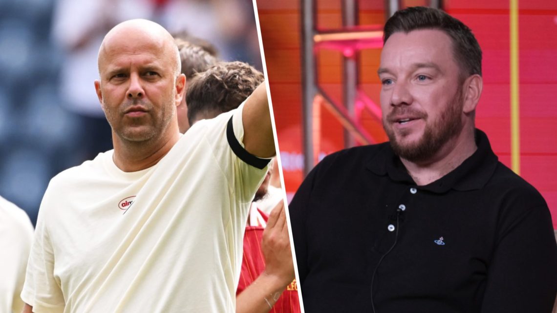 Left: Arne Slot pictured after the pre-season game between Liverpool and Preston. Right: Jamie O'Hara pictured during his presenting duties for NBC...