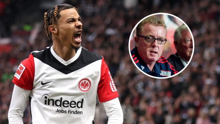 Eintracht Frankfurt striker Hugo Ekitike celebrates after scoring against VfL Bochum in the Bundesliga. New England Revolution manager Steve Nicol ...