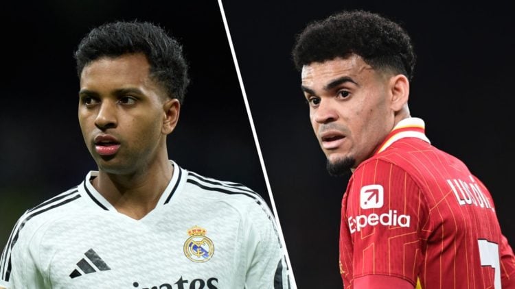 Real Madrid forward Rodrygo Goes in action during a La Liga match against Leganes at Santiago Bernabeu. Luis Diaz playing for Liverpool in the Prem...