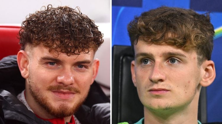 Harvey Elliott sits on the bench and watches during Liverpool against Leicester City in the Premier League at Anfield. Liverpool's Tyler Morton wat...