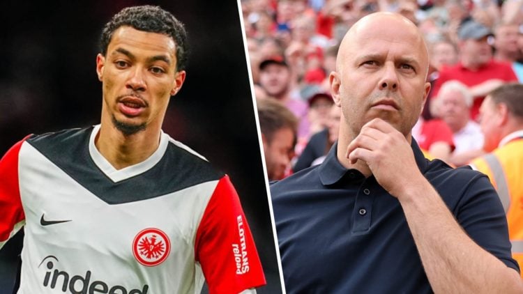 Left: Hugo Ektitike pictured during a game for Frankfurt. Right: Arne Slot looking deep in thought on the Liverpool touchline.
