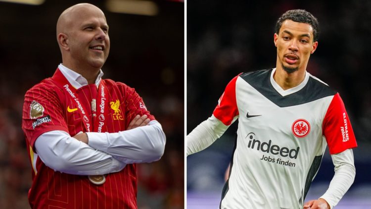 Liverpool head coach Arne Slot stands and smiles with a Premier League winners medal around his neck at Anfield on the last day of the 2024/25 seas...