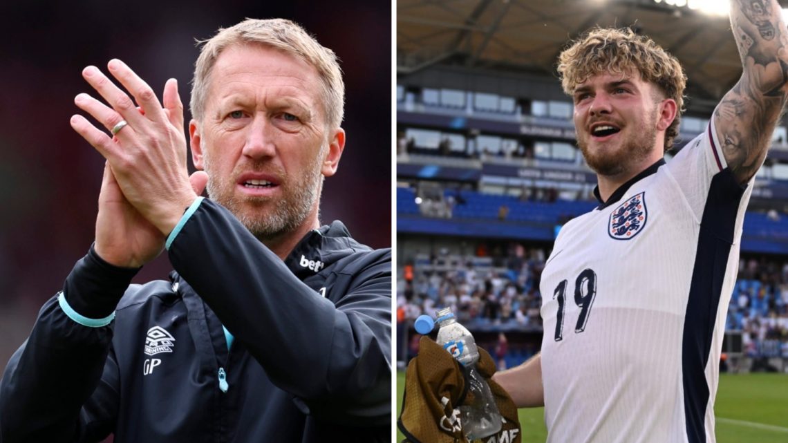 Left: Graham Potter on the West Ham United side-line. Right: Harvey Elliott celebrating England's Euro Under-21 win.