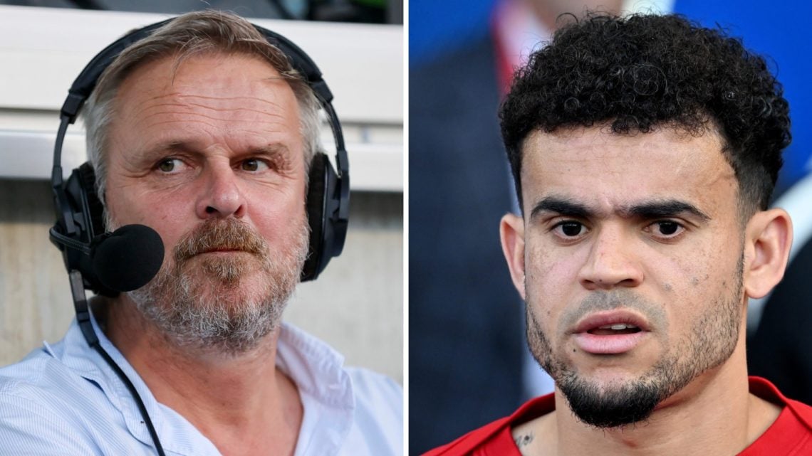 Left: Didi Hamann pictured during his commentary duties for a Bundesliga game. Right: Luis Diaz playing for Liverpool.