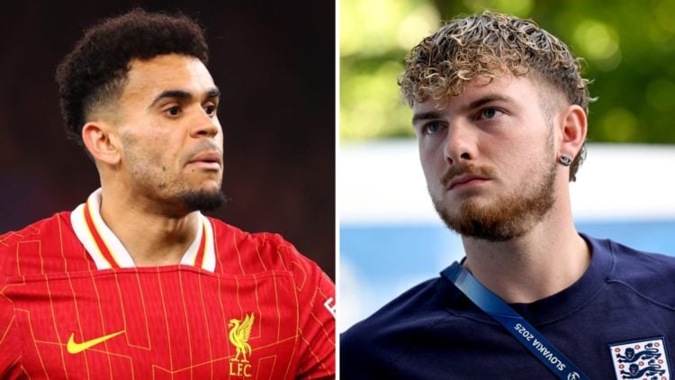 Left: Luis Diaz playing for Liverpool. Right: Harvey Elliott turning up for England ahead of the Under-21 Euros.
