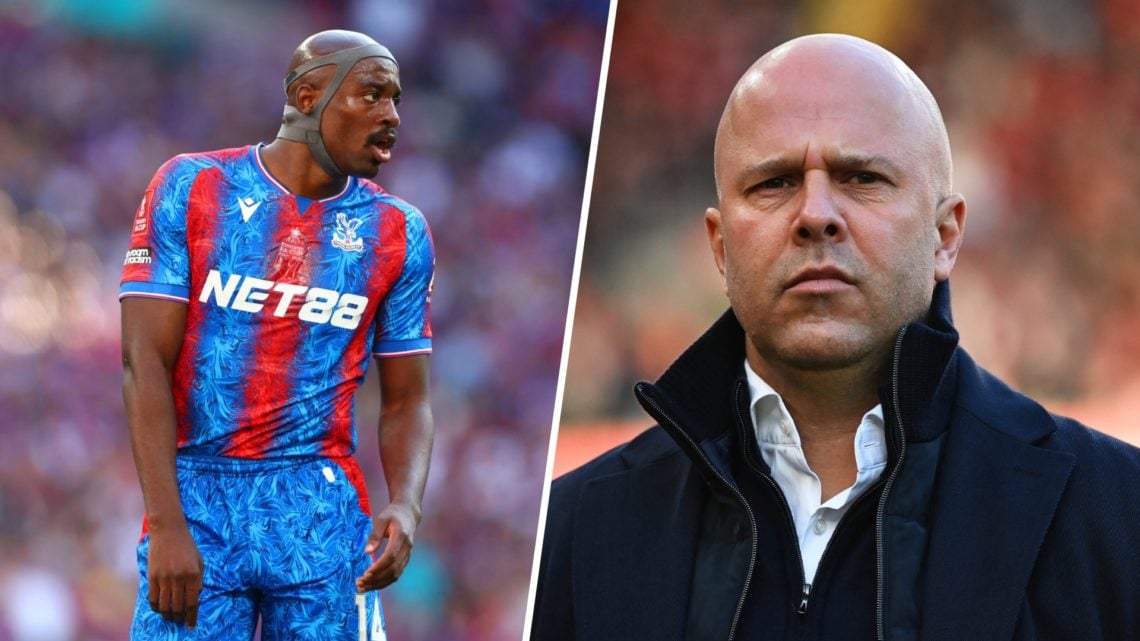 Left: Jean-Phillippe Mateta pictured in action for Crystal Palace. Right: Arne Slot pictured on the Liverpool touchline.