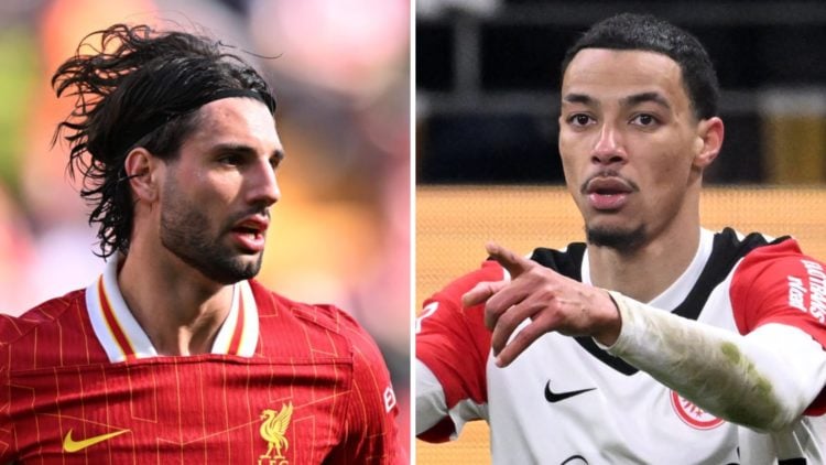 Left: Dominik Szoboszlai pictured in action for Liverpool. Right: Hugo Ekitike celebrating after scoring a goal for Eintracht Frankfurt.