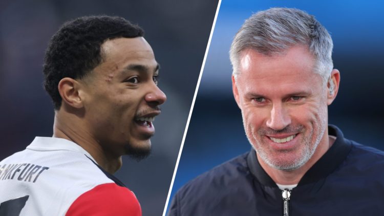 Hugo Ekitike smiles during the Bundesliga match between Eintracht Frankfurt and Wolfsburg. Jamie Carragher smiles while on punditry duty for Sky Sp...