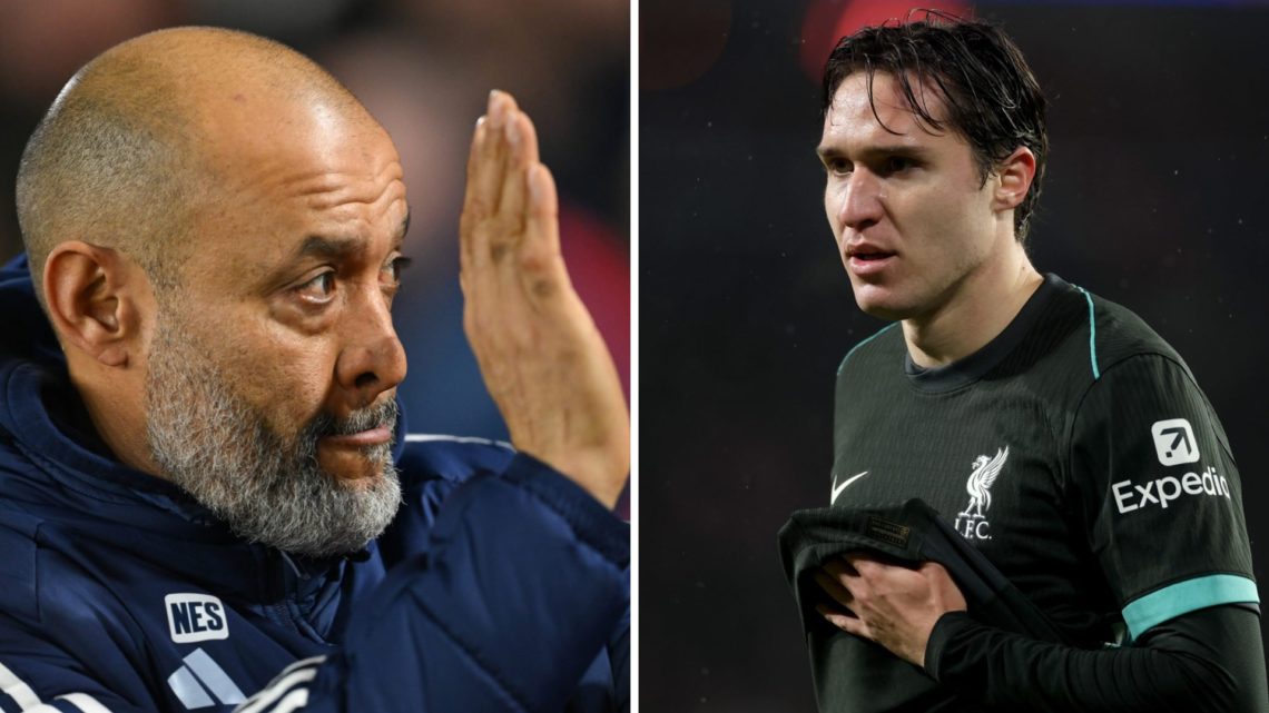 Left: Nuno Espirito Santo clapping the Nottingham Forest fans. Right: Federico Chiesa playing in the Champions League for Liverpool.