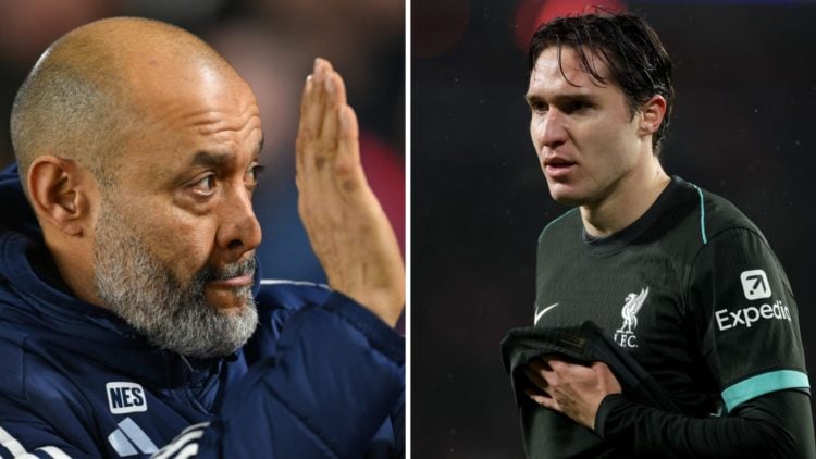 Left: Nuno Espirito Santo clapping the Nottingham Forest fans. Right: Federico Chiesa playing in the Champions League for Liverpool.