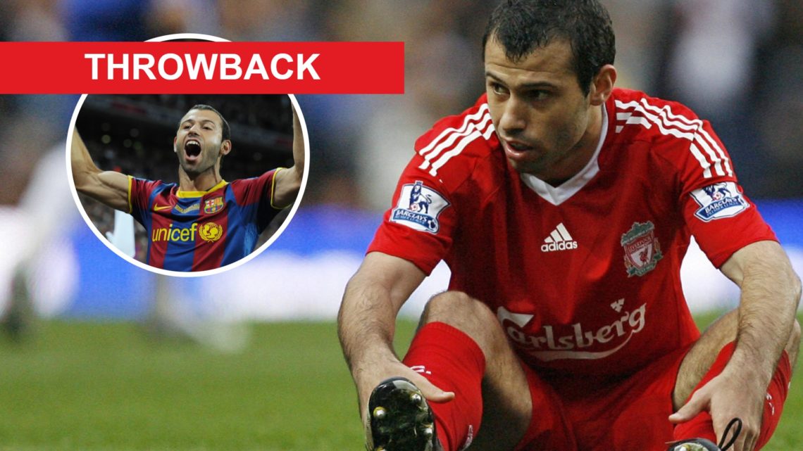 Javier Mascherano of Liverpool sits on the ground during the Premier League match against Chelsea at Stamford Bridge. Barcelona's Javier Mascherano...