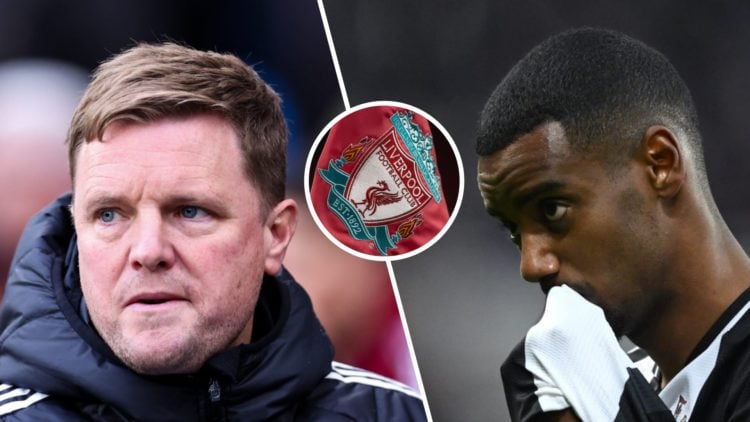 Newcastle United manager Eddie Howe looks on during the Premier League match against Manchester City at Etihad Stadium. Alexander Isak wipes his sh...