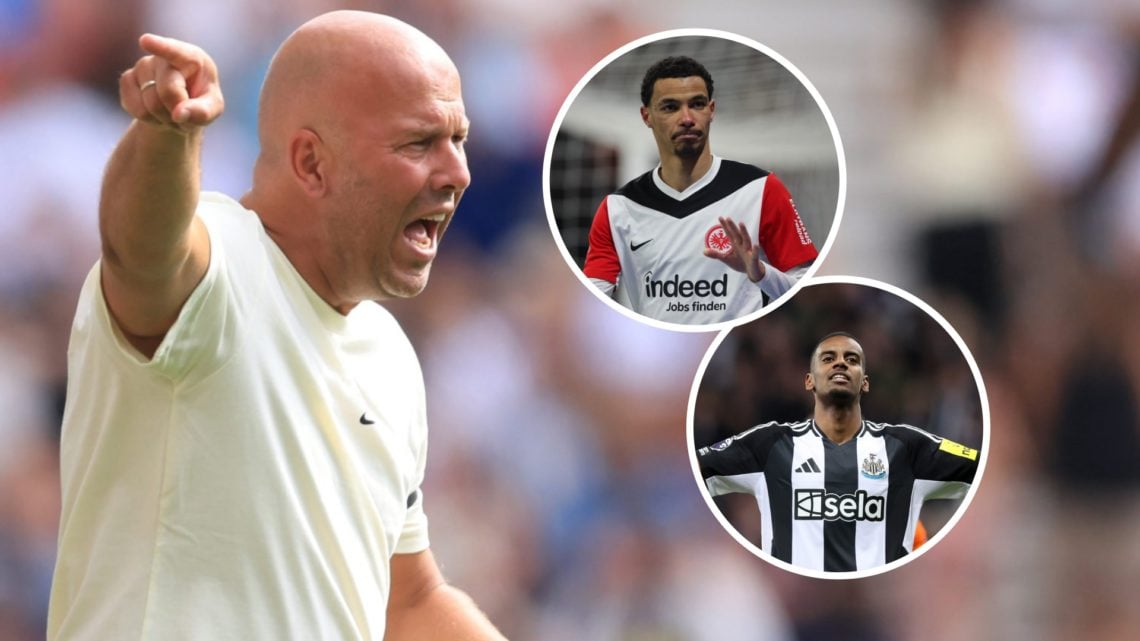 Liverpool head coach Arne Slot gestures to his team during the pre-season friendly against Preston North End at Deepdale. Alexander Isak celebrates...