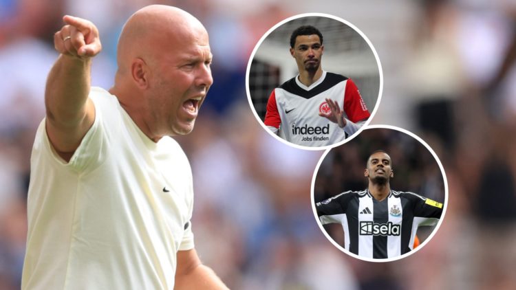 Liverpool head coach Arne Slot gestures to his team during the pre-season friendly against Preston North End at Deepdale. Alexander Isak celebrates...