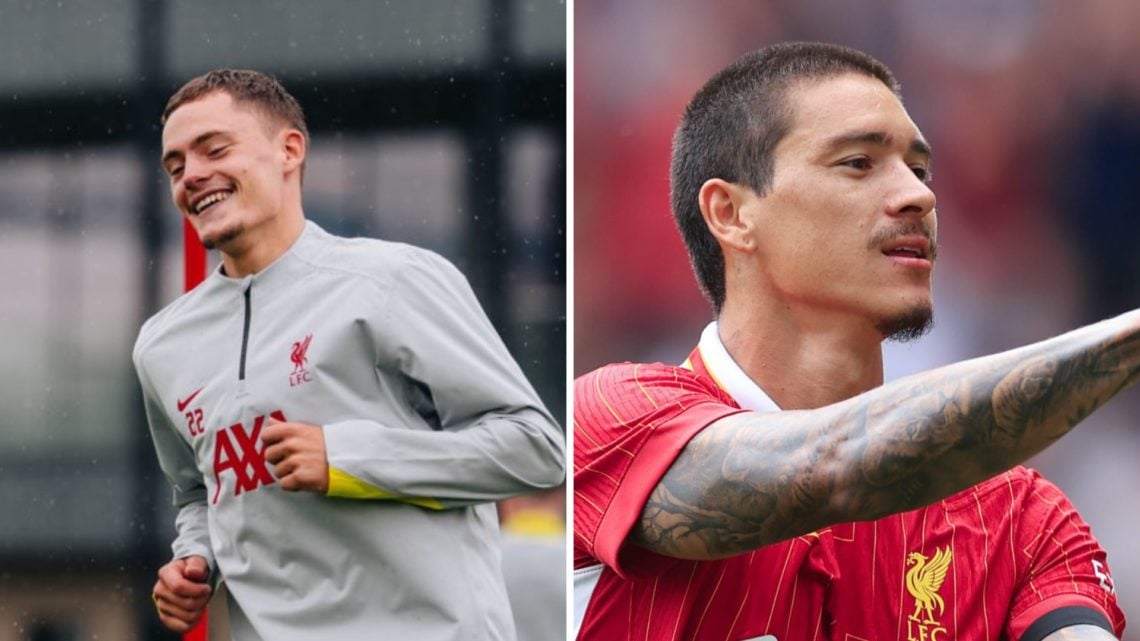 Florian Wirtz smiles during a Liverpool training session at the AXA Training Centre. Darwin Nunez performs Diogo Jota's celebration in honour of fo...