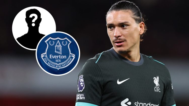 Darwin Nunez of Liverpool during the Premier League match between Arsenal FC and Liverpool FC at Emirates Stadium. Everton FC club badge prior to t...