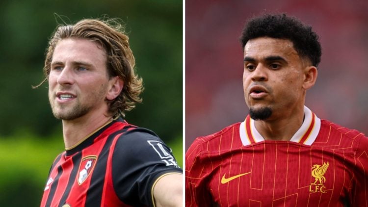 Illia Zabarnyi of Bournemouth in action during a pre-season friendly match against Hibernian. Luis Diaz in action for Liverpool during the Premier ...