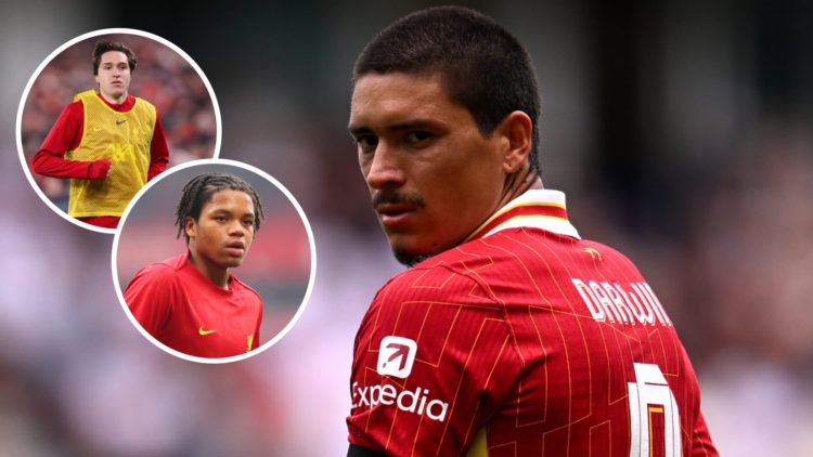 Darwin Nunez of Liverpool looks on during the pre-season friendly match between Preston North End and Liverpool at Deepdale. Rio Ngumoha of Liverpo...
