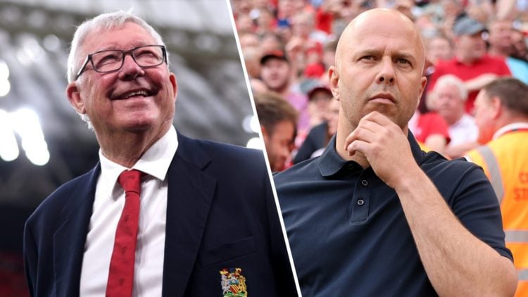 Sir Alex Ferguson is all smiles before Manchester United's Europa League Final meeting against Tottenham Hotspur in Bilbao. Arne Slot, Manger of Li...